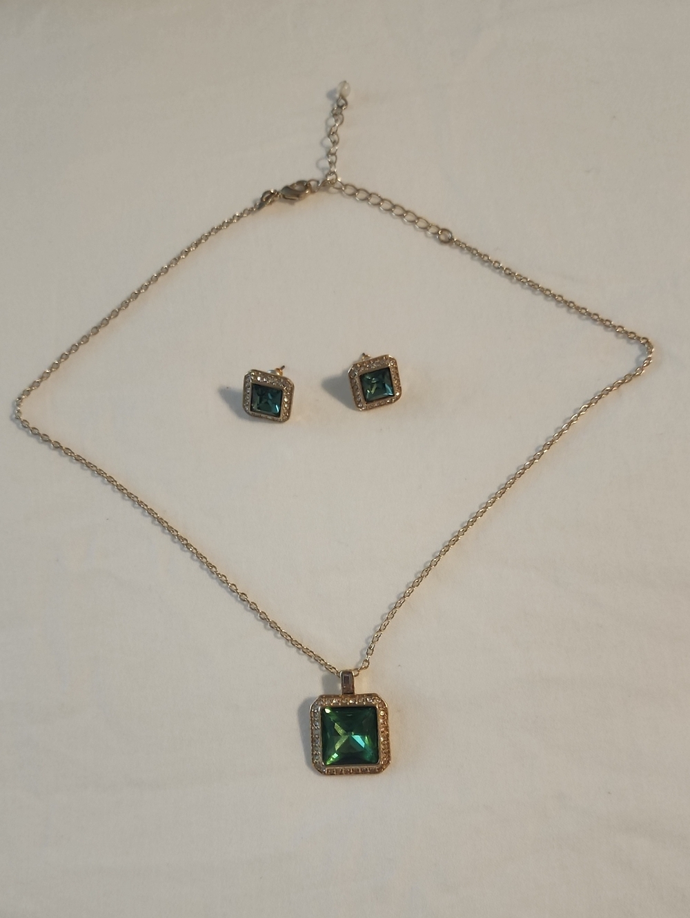 Gold-Tone Green Square Crystal Necklace and Stud Earring Set